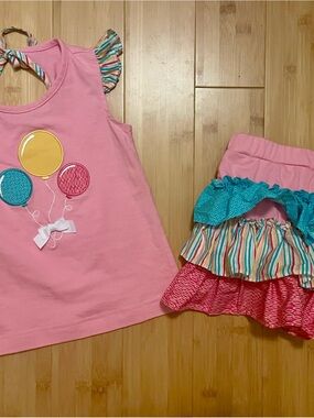 Girls Pink Balloon Tank & Ruffle Shorts Matching Set